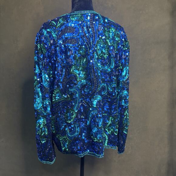 Vintage Laurence Kazar Silk Sequin Jacket XL Blue Green Beaded Evening Coat 80s - Picture 3 of 10